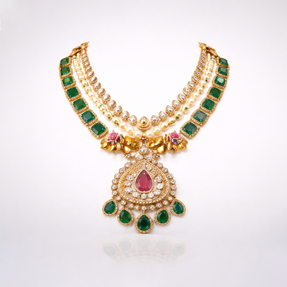 Heritage Elephant Emerald Polki Necklace
